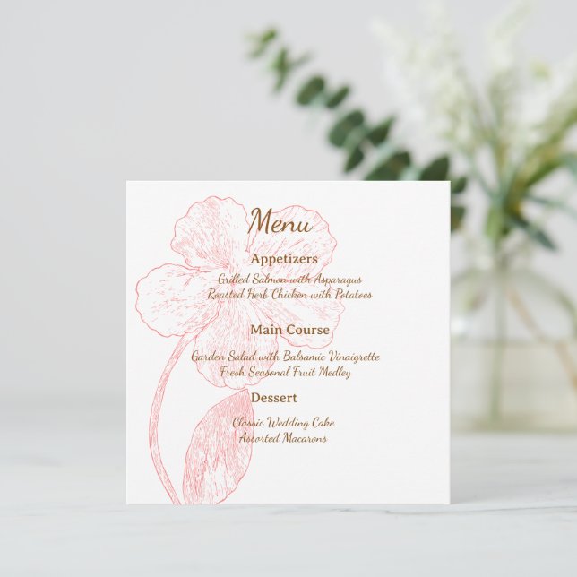 Blush Pink Floral Line Art Wedding Menu Card (Standing Front)