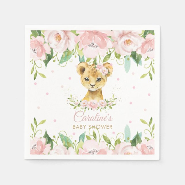 Blush Pink Floral Lion Baby Shower Birthday Napkin (Front)