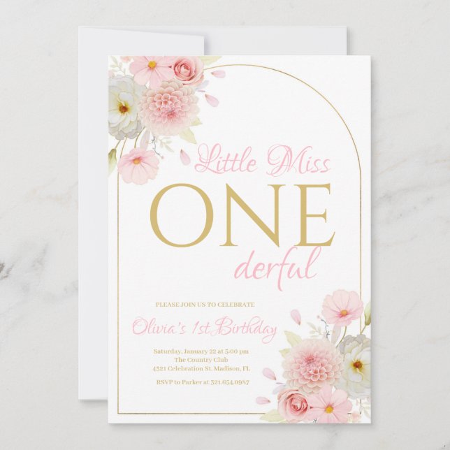 Blush Pink Floral Little Miss Onederful Birthday Invitation (Front)