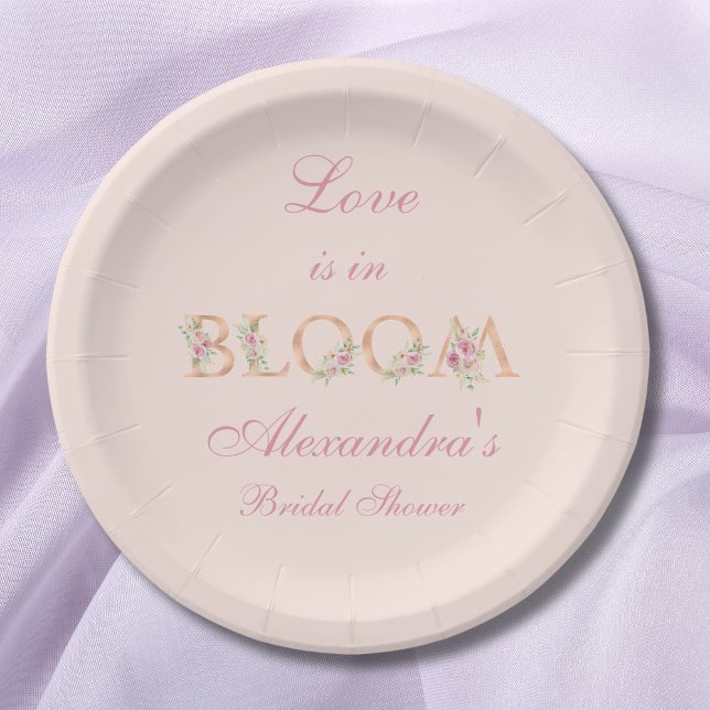 Blush Pink Floral Love is in Bloom Bridal Shower Paper Plate (Creator Uploaded)