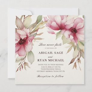 Blush Pink Floral Love Never Fails Bible Wedding Invitation