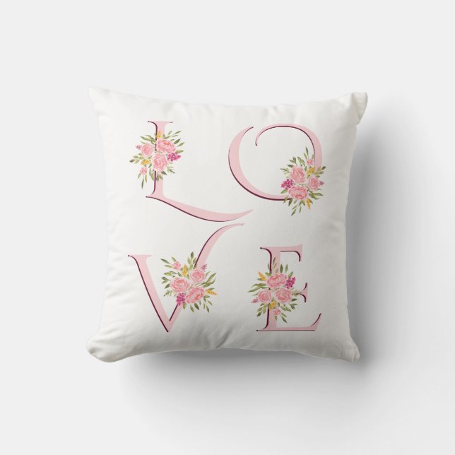 Blush pink floral Love typography Valentines Day Cushion (Front)