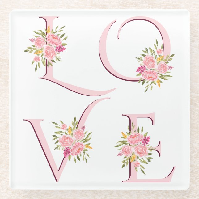 Blush pink floral Love typography Valentines Day Glass Coaster (Front)