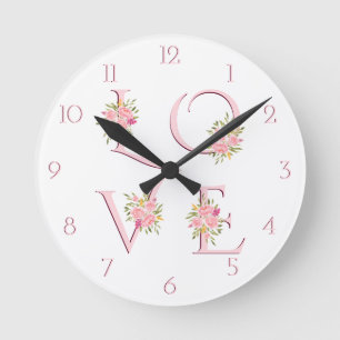 Blush pink floral Love typography Valentines Day Round Clock