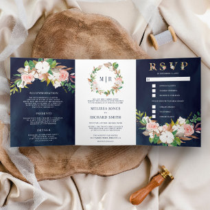 Blush Pink Floral Magnolia Cotton Navy Wedding Tri-Fold Invitation