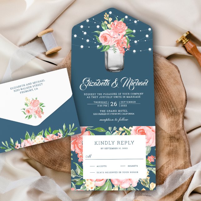 Blush Pink Floral Mason Jar Dusty Blue Wedding All In One Invitation (Creator Uploaded)
