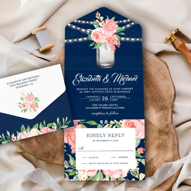 Blush Pink Floral Mason Jar Navy Blue Wood Wedding All In One Invitation (Creator Uploaded)