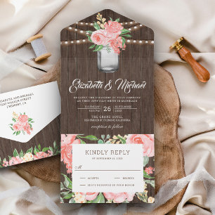 Blush Pink Floral Mason Jar Rustic Wood Wedding All In One Invitation