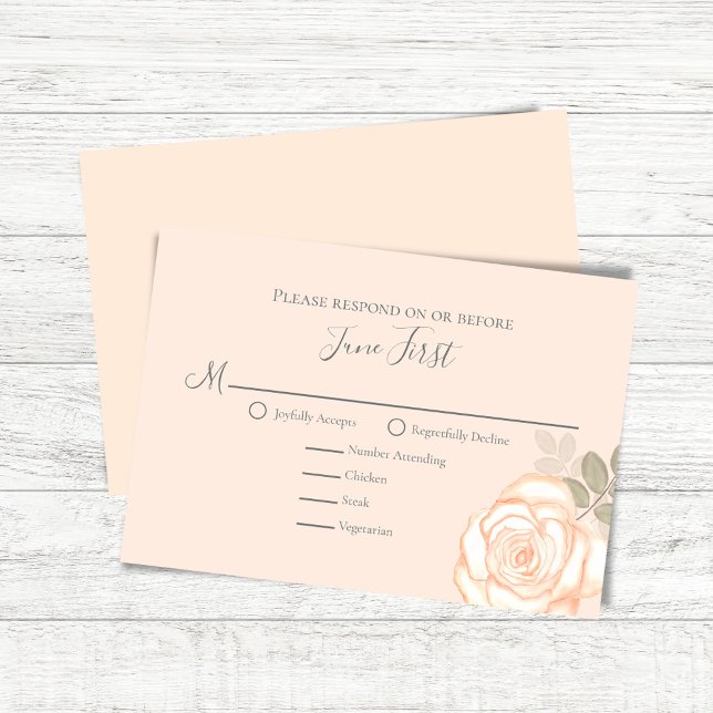 Blush Pink Floral Meal Choice Wedding RSVP (Peach floral wedding RSVP response card with elegant watercolor rose.)