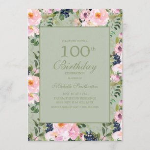 Blush Pink Floral Mint Green 100th Birthday Invitation