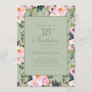 Blush Pink Floral Mint Green 18th Birthday Invitation