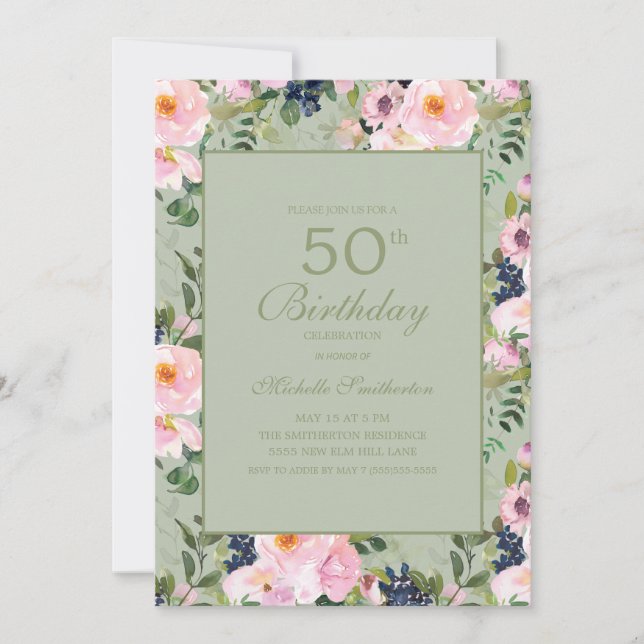 Blush Pink Floral Mint Green 50th Birthday Invitation (Front)
