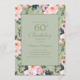 Blush Pink Floral Mint Green 60th Birthday Invitation