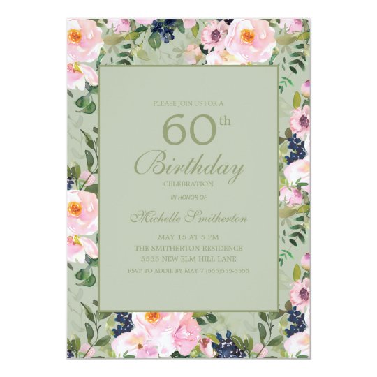 Blush Pink Floral Mint Green 60th Birthday Invitation | Zazzle.com.au