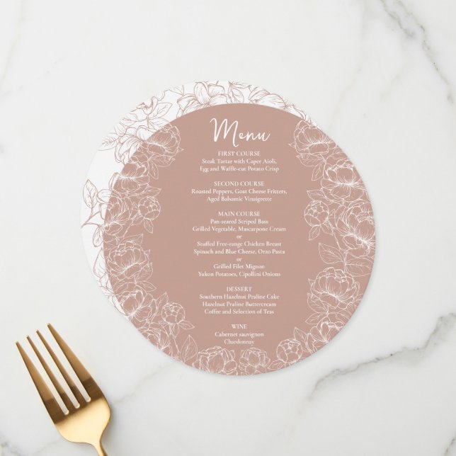 Blush Pink Floral Modern Boho Round Wedding Menu (Front/Back In Situ)