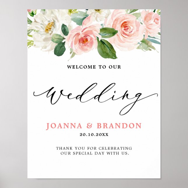 Blush Pink Floral Modern Botanical Wedding Welcome Poster (Front)