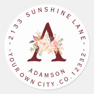 Blush Pink Floral Monogram Circular Address Label