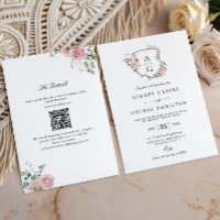 Blush Pink Floral Monogram Crest QR Code Wedding