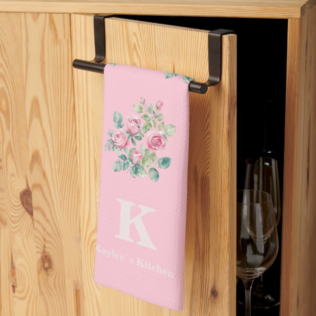 Blush Pink Floral Monogram Tea Towel (Thirds Fold)