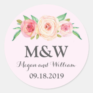Blush Pink Floral Monogram Wedding Classic Round Sticker