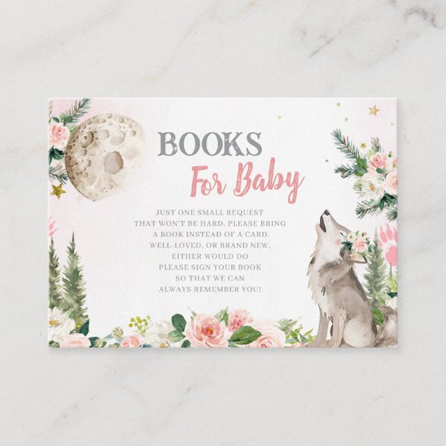 Blush Pink Floral Moon Forest Wolf Books for Baby Enclosure Card (Front)