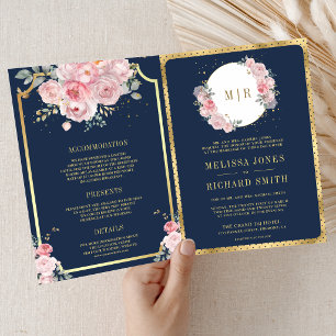 Blush Pink Floral Navy Blue All in One Wedding Invitation
