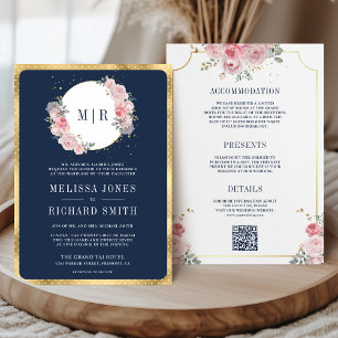 Blush Pink Floral Navy Blue All in One Wedding Invitation