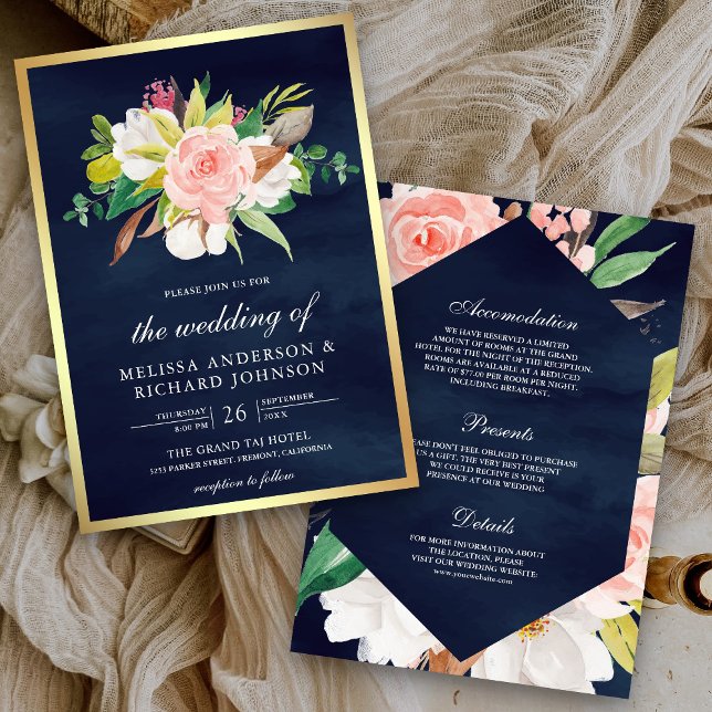 Blush Pink Floral Navy Blue All in One Wedding Invitation (Creator Uploaded)