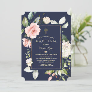 Blush Pink Floral Navy Blue Gold Cross Baptism Invitation