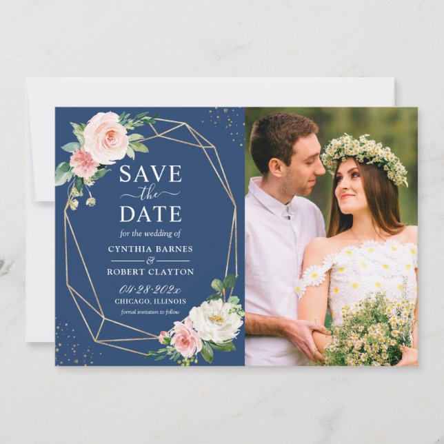 Blush Pink Floral Navy Blue Modern Geometric Photo Save The Date (Front)