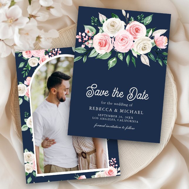 Blush Pink Floral Navy Blue Photo Wedding Save The Date (Creator Uploaded)