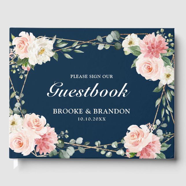 Blush Pink Floral Navy Geometric Botanical Wedding Guest Book (Front)