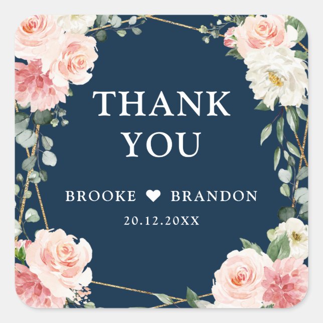 Blush Pink Floral Navy Geometric Botanical Wedding Square Sticker (Front)