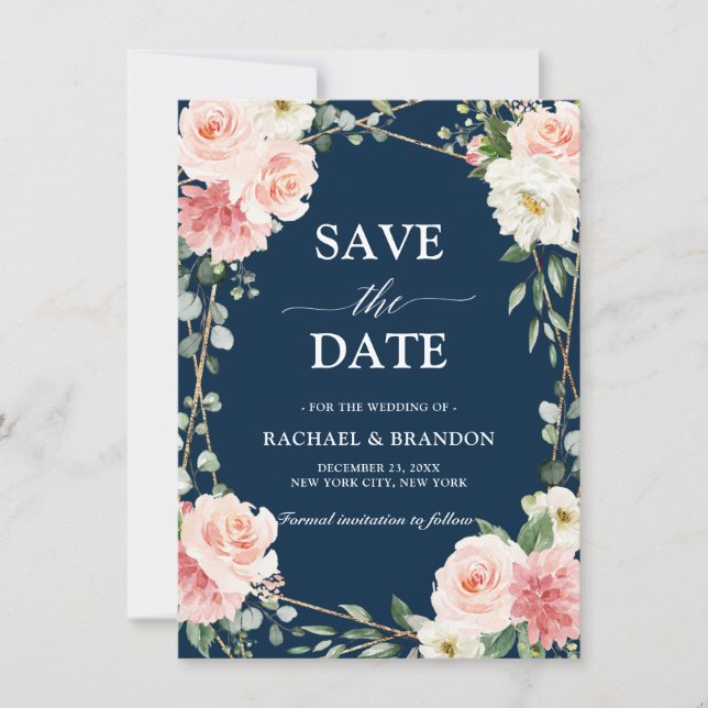Blush Pink Floral Navy Geometric Save the Date (Front)