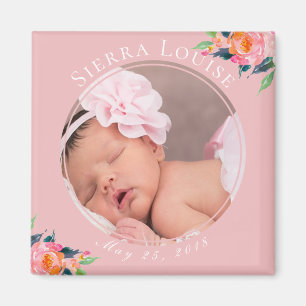 Blush Pink Floral New Baby Girl Photo Magnet