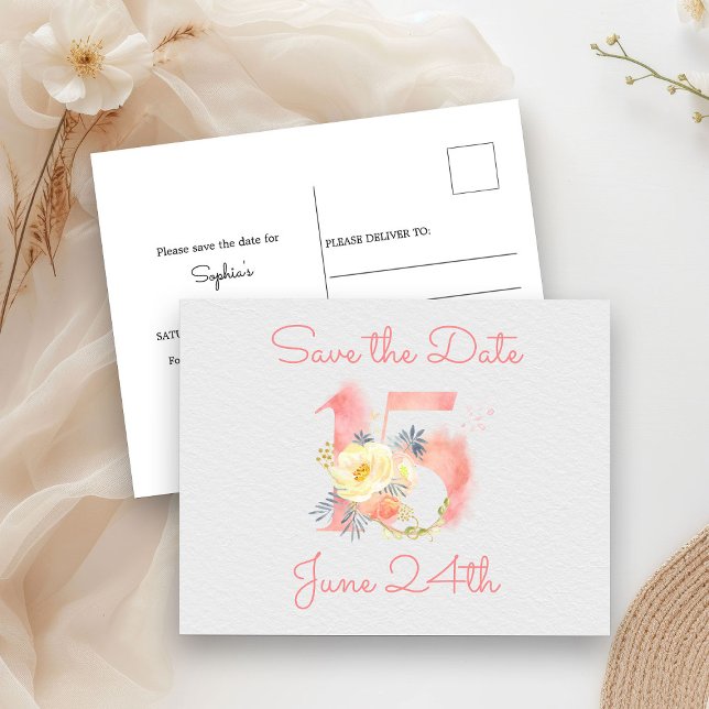 Blush Pink Floral Number 15 Save the Date Announcement Postcard (Save the Date postcard from my Blush Pink Number 15 Quinceanera collection
)