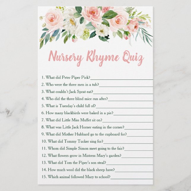 Blush Pink Floral Nursery Rhyme Baby Shower Game (Front)