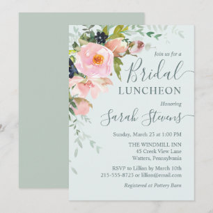 Blush Pink Floral on Light Blue Bridal Luncheon Invitation