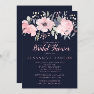 Blush Pink Floral on Navy Bridal Shower Invitation
