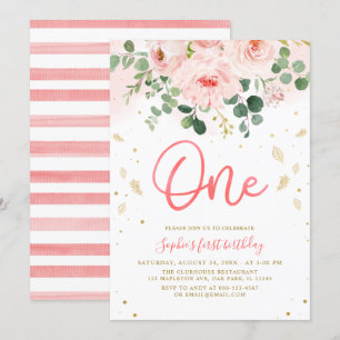 Blush Pink Floral One Baby Girl 1st Birthday Invitation