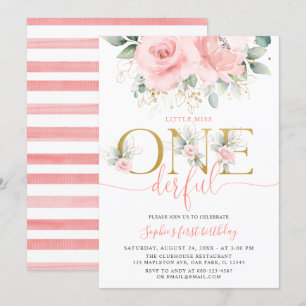 Blush Pink Floral Onederful Baby Girl 1st Birthday Invitation