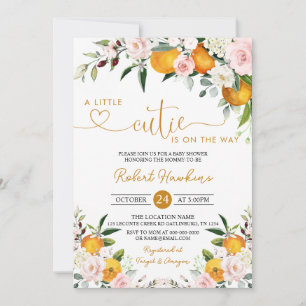Blush Pink Floral, Orange Little Cutie Baby Shower Invitation