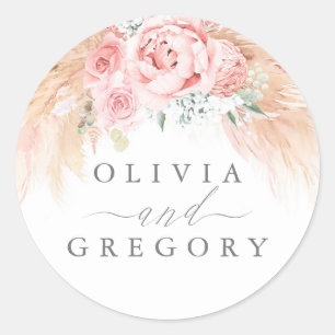 Blush Pink Floral Pampas Grass Wedding Classic Round Sticker