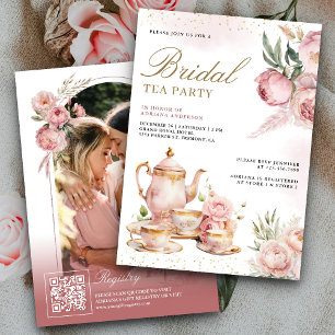 Blush Pink Floral Pampas Tea Party Bridal Shower Invitation