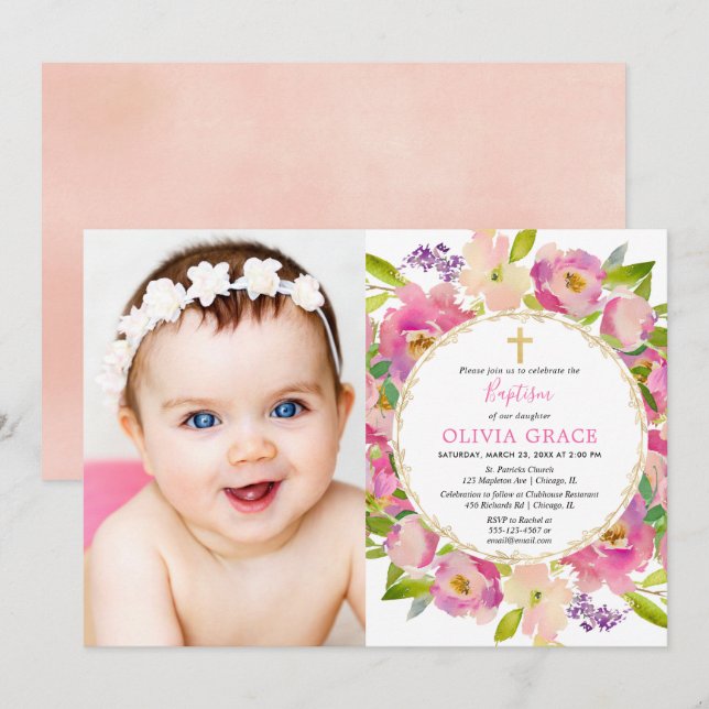 Blush pink floral pastels Baptism girl photo Invitation (Front/Back)