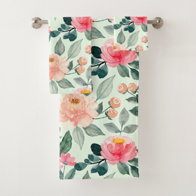 Blush Pink Floral Pattern Mint Bath Towel Set (Insitu)