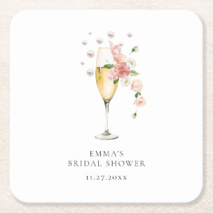 Blush Pink Floral Pearls & Prosecco Bridal Shower Square Paper Coaster