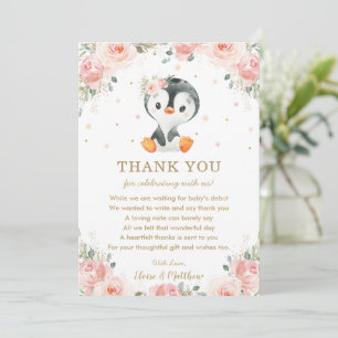 Blush Pink Floral Penguin Baby Shower Birthday  Thank You Card