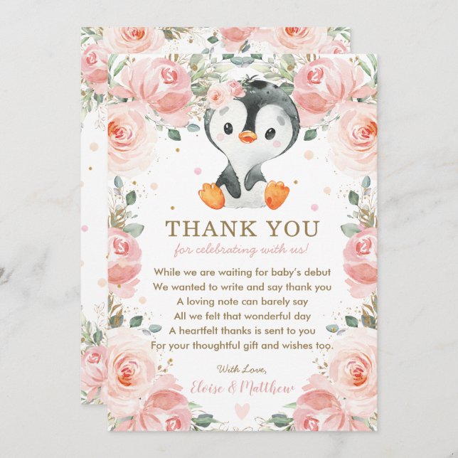 Blush Pink Floral Penguin Baby Shower Birthday  Thank You Card (Front/Back)