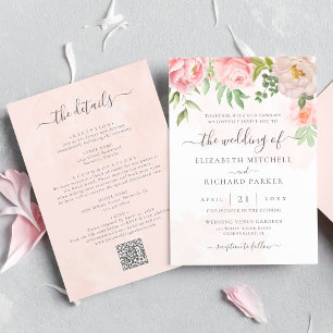 Blush Pink Floral Peony All In One QR Code Wedding Invitation